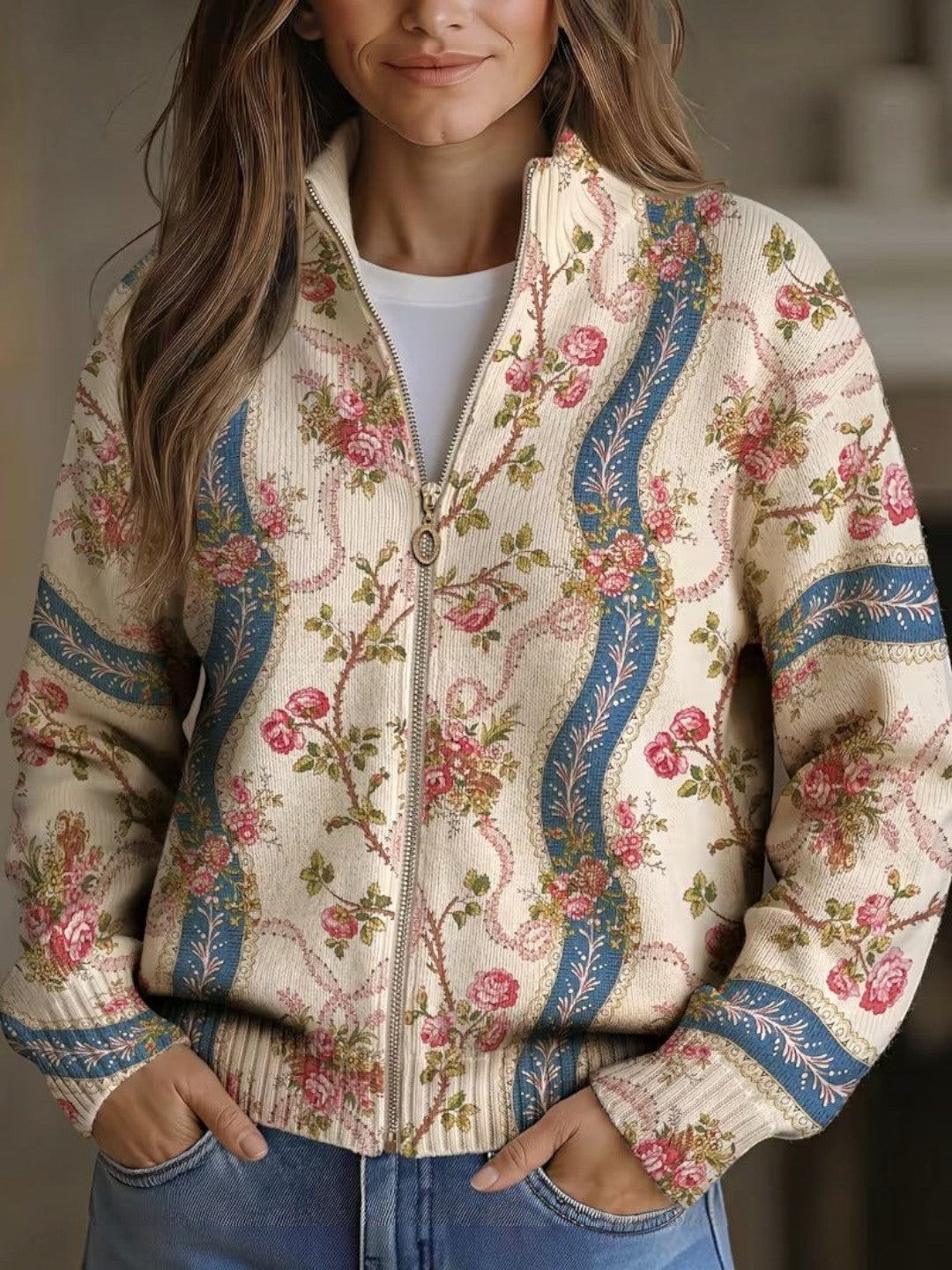 Sabine | Strickjacke mit Rosenrankenmuster