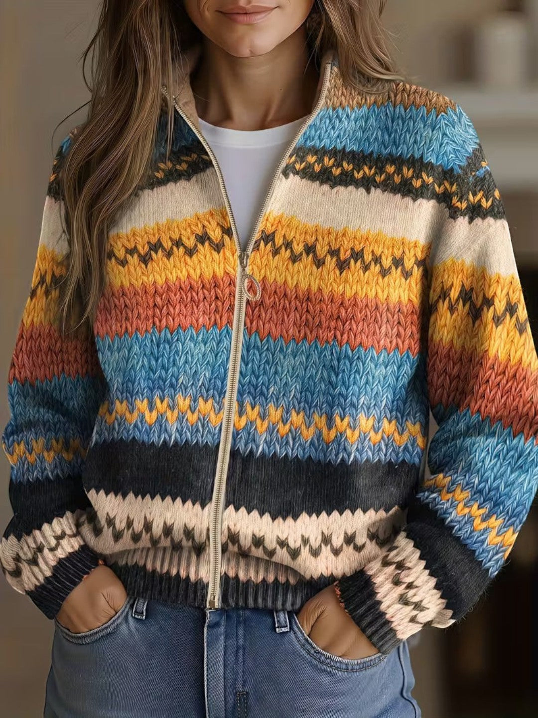 Karin | Strickjacke mit buntem Zickzackmuster