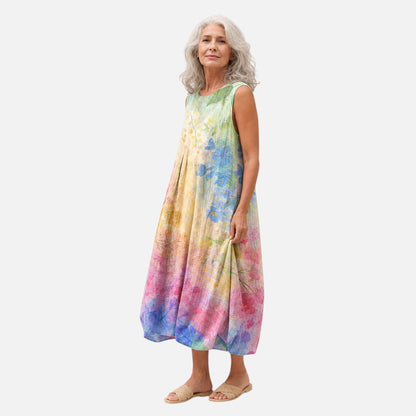 Margit | Ärmelloses Sommerkleid mit Regenbogen-Aquarell