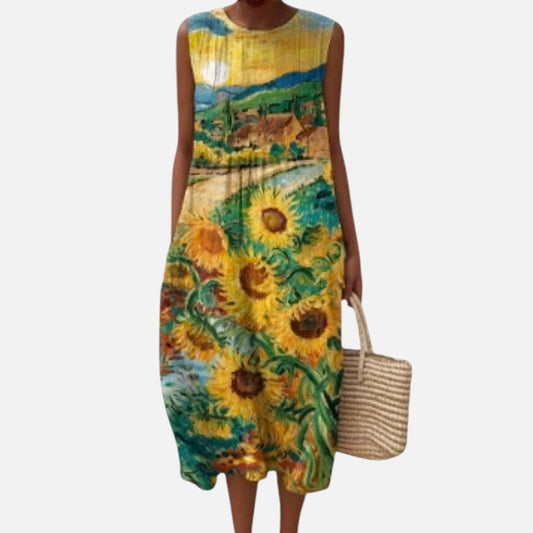 Sigrun | Ärmelloses Sommerkleid mit Sonnenblumenfeld