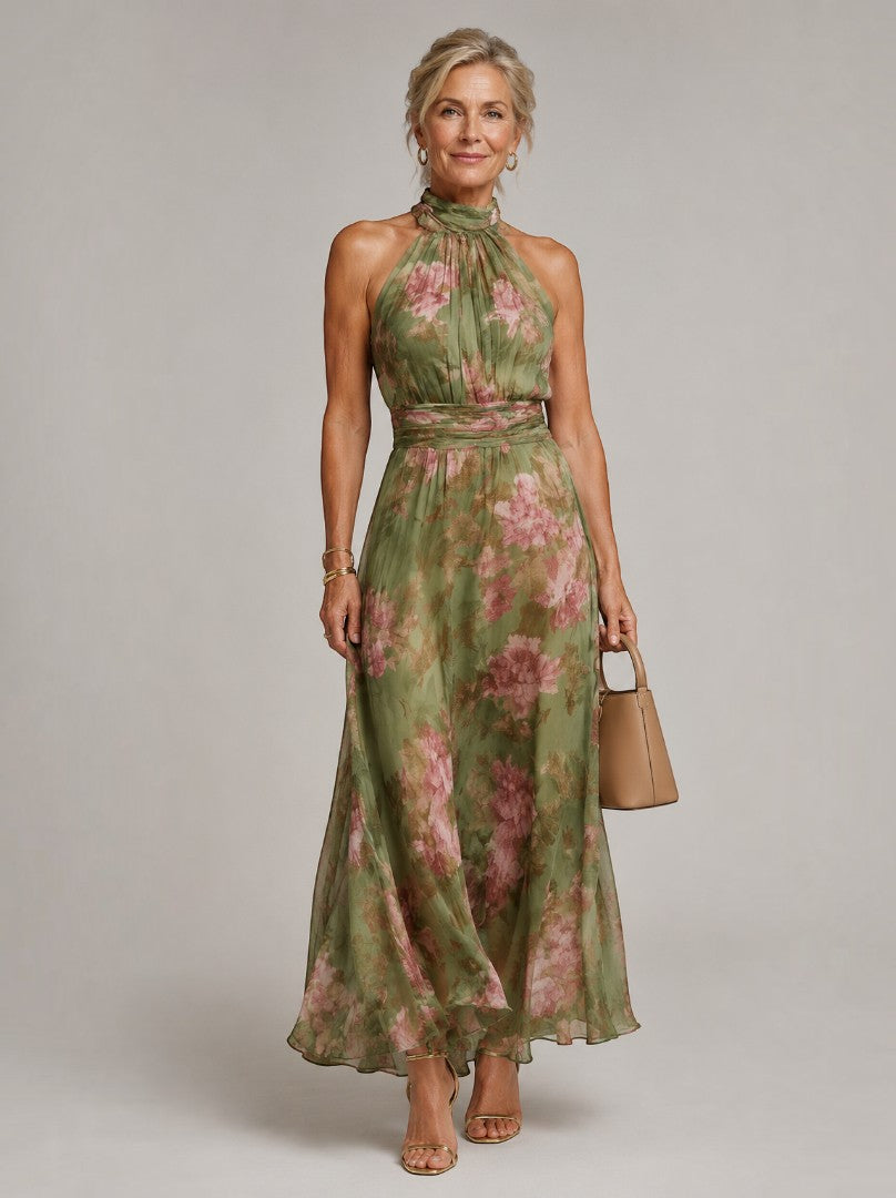 Irmela | Maxikleid mit Rosendruck auf Oliv