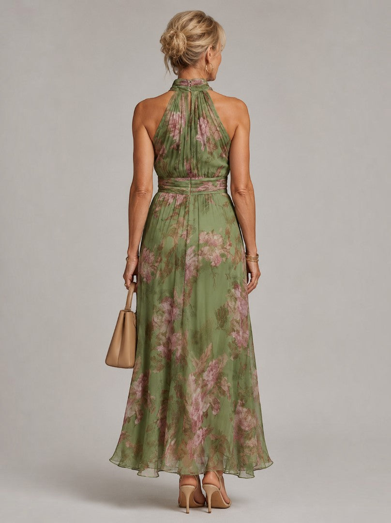 Irmela | Maxikleid mit Rosendruck auf Oliv