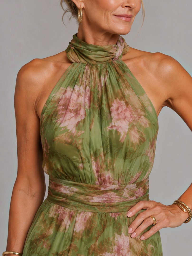 Irmela | Maxikleid mit Rosendruck auf Oliv