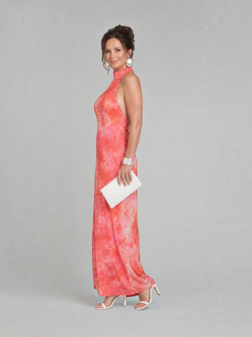 Reinhildis | Maxikleid mit Batikdruck in Koralle