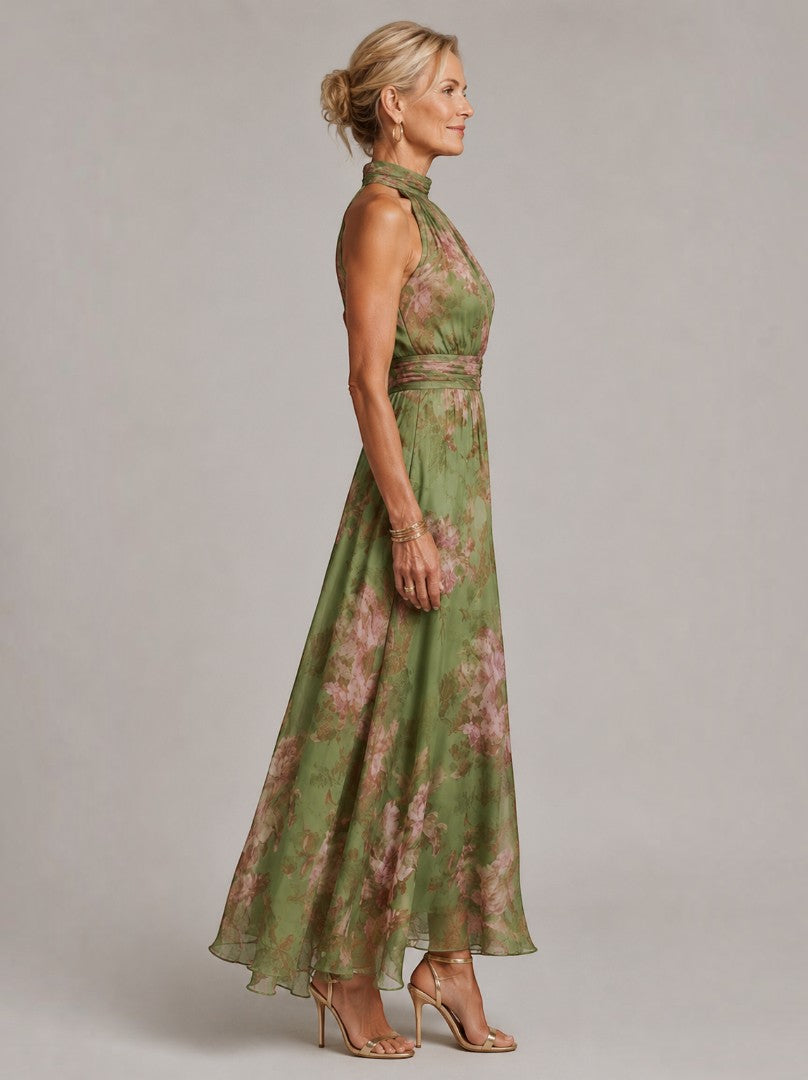 Irmela | Maxikleid mit Rosendruck auf Oliv