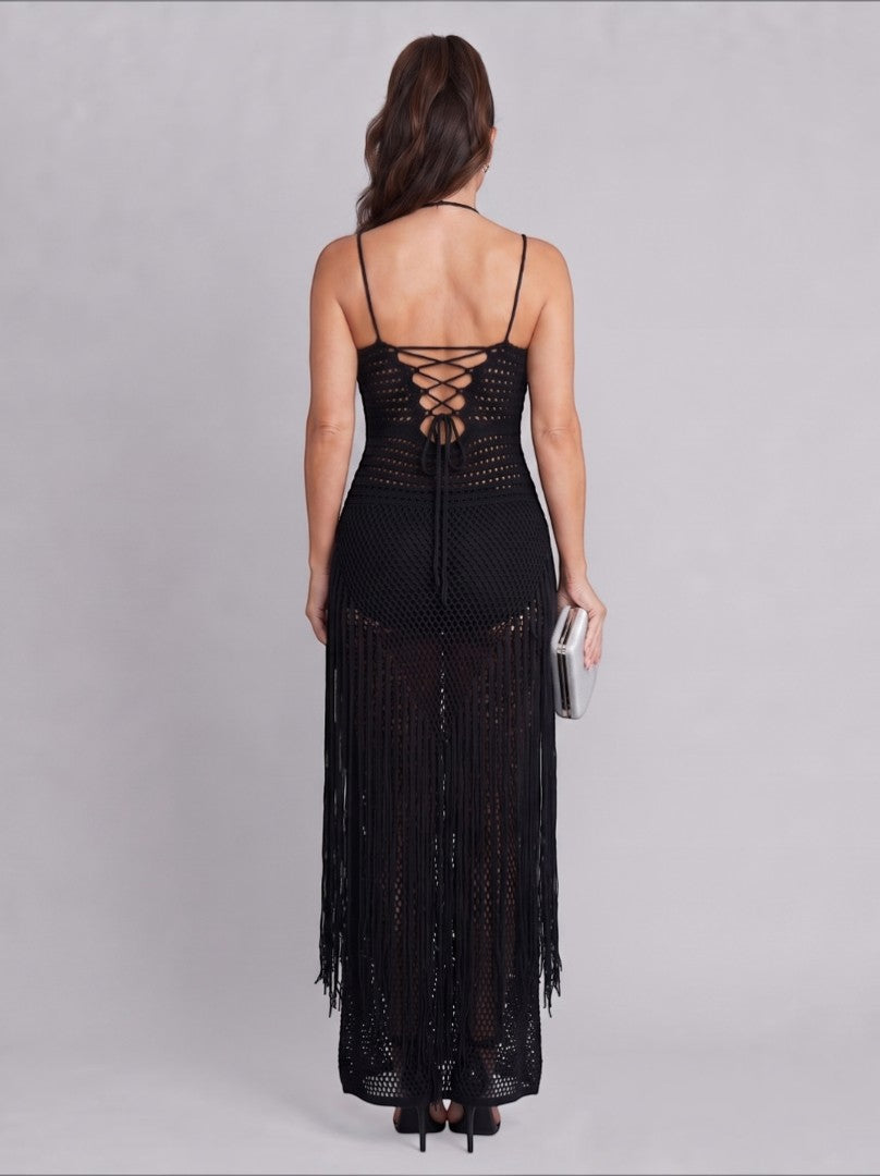 Griselda | Maxikleid in Schwarz mit Häkeloptik