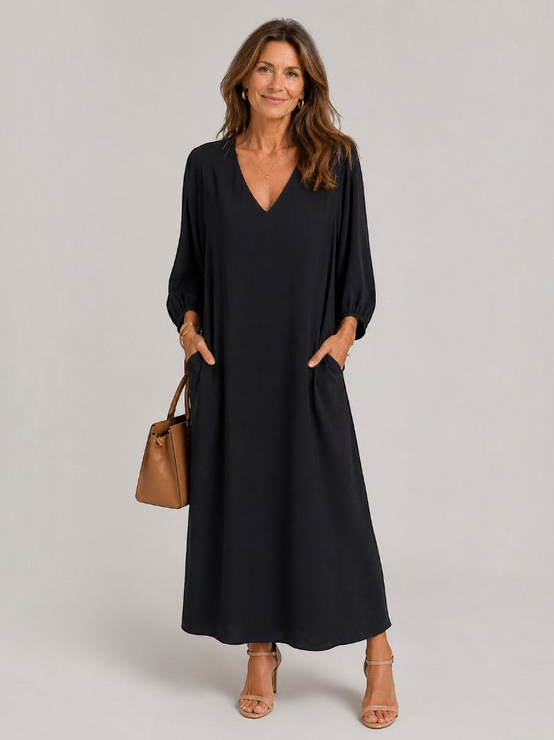Wilhelmina | Maxikleid in Schwarz mit langen Ärmeln
