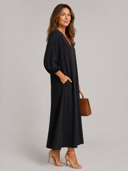 Wilhelmina | Maxikleid in Schwarz mit langen Ärmeln