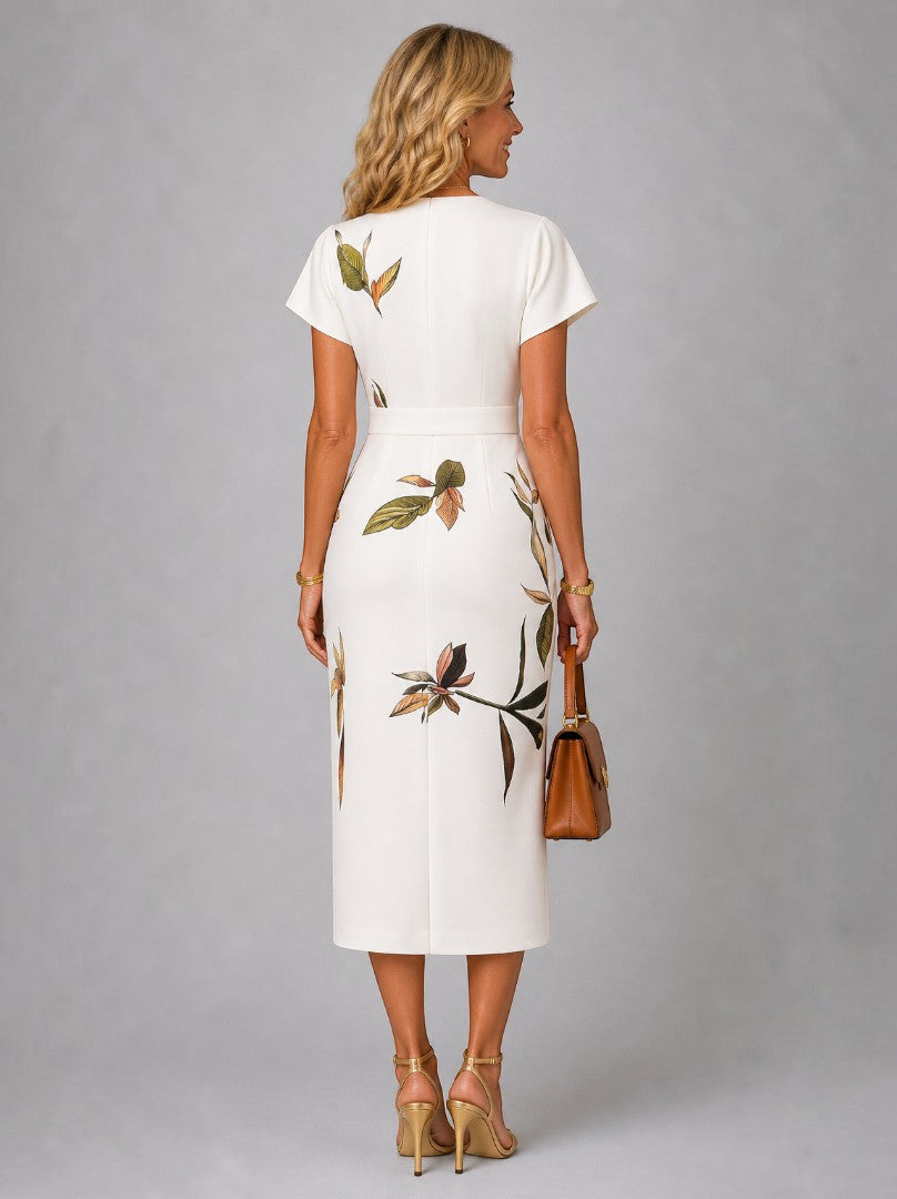 Elsbeth | Wickelkleid in Elfenbein mit Blattdruck