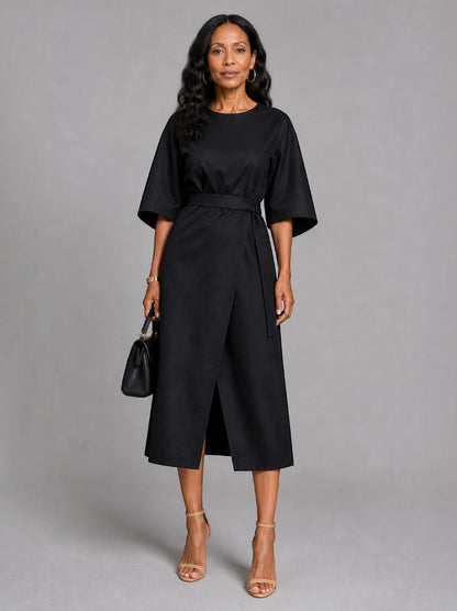 Theodora | Midikleid in Schwarz mit Bindegürtel