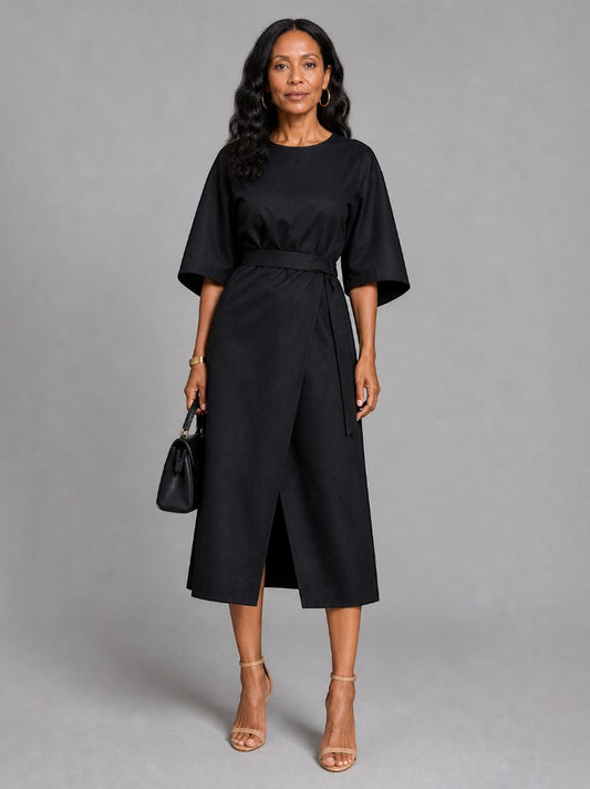 Theodora | Midikleid in Schwarz mit Bindegürtel
