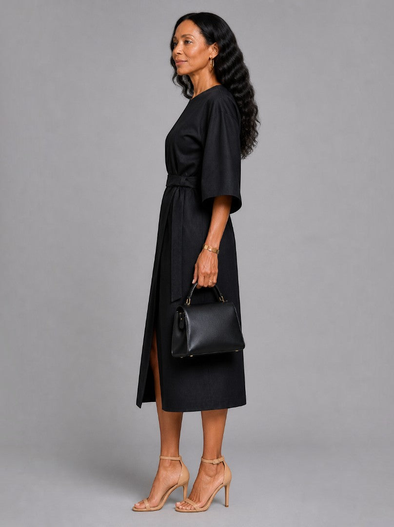 Theodora | Midikleid in Schwarz mit Bindegürtel