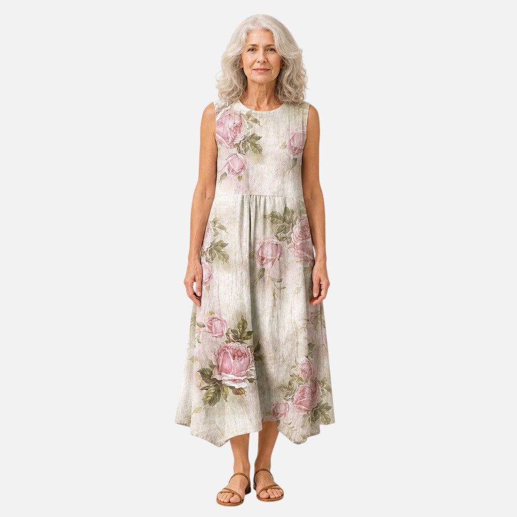 Traude | Ärmelloses Sommerkleid mit Rosen auf Creme