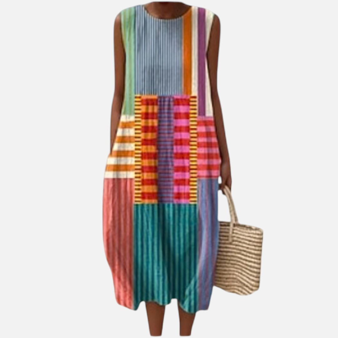Karla | Ärmelloses Sommerkleid mit buntem Streifen-Patchwork