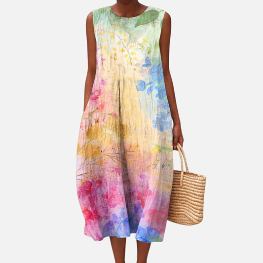 Margit | Ärmelloses Sommerkleid mit Regenbogen-Aquarell