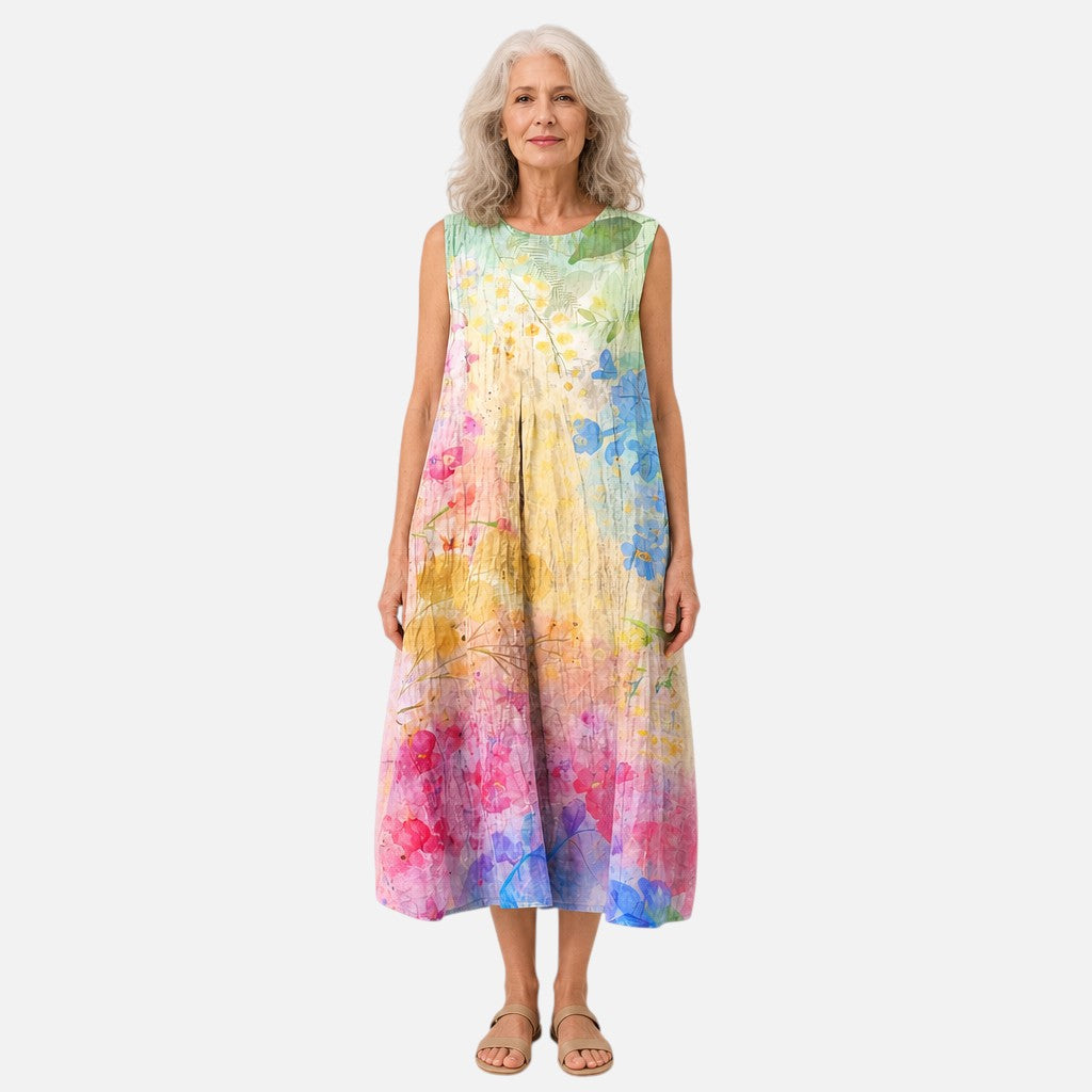 Margit | Ärmelloses Sommerkleid mit Regenbogen-Aquarell