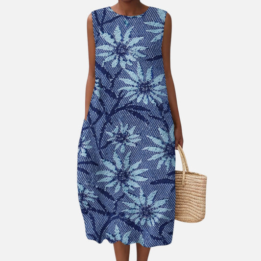 Ute | Ärmelloses Sommerkleid mit Blaudruck