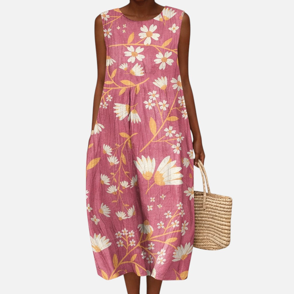 Hertha | Ärmelloses Sommerkleid mit Blüten auf Altrosa