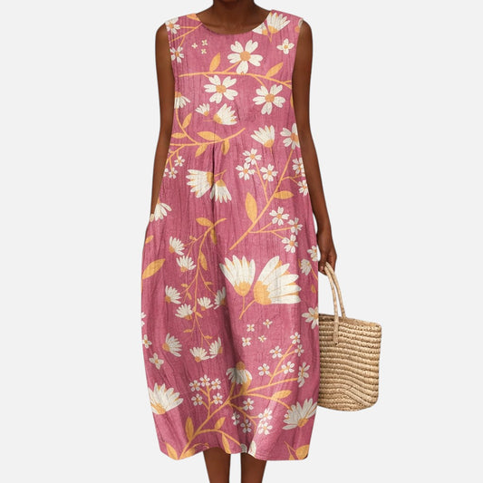 Hertha | Ärmelloses Sommerkleid mit Blüten auf Altrosa