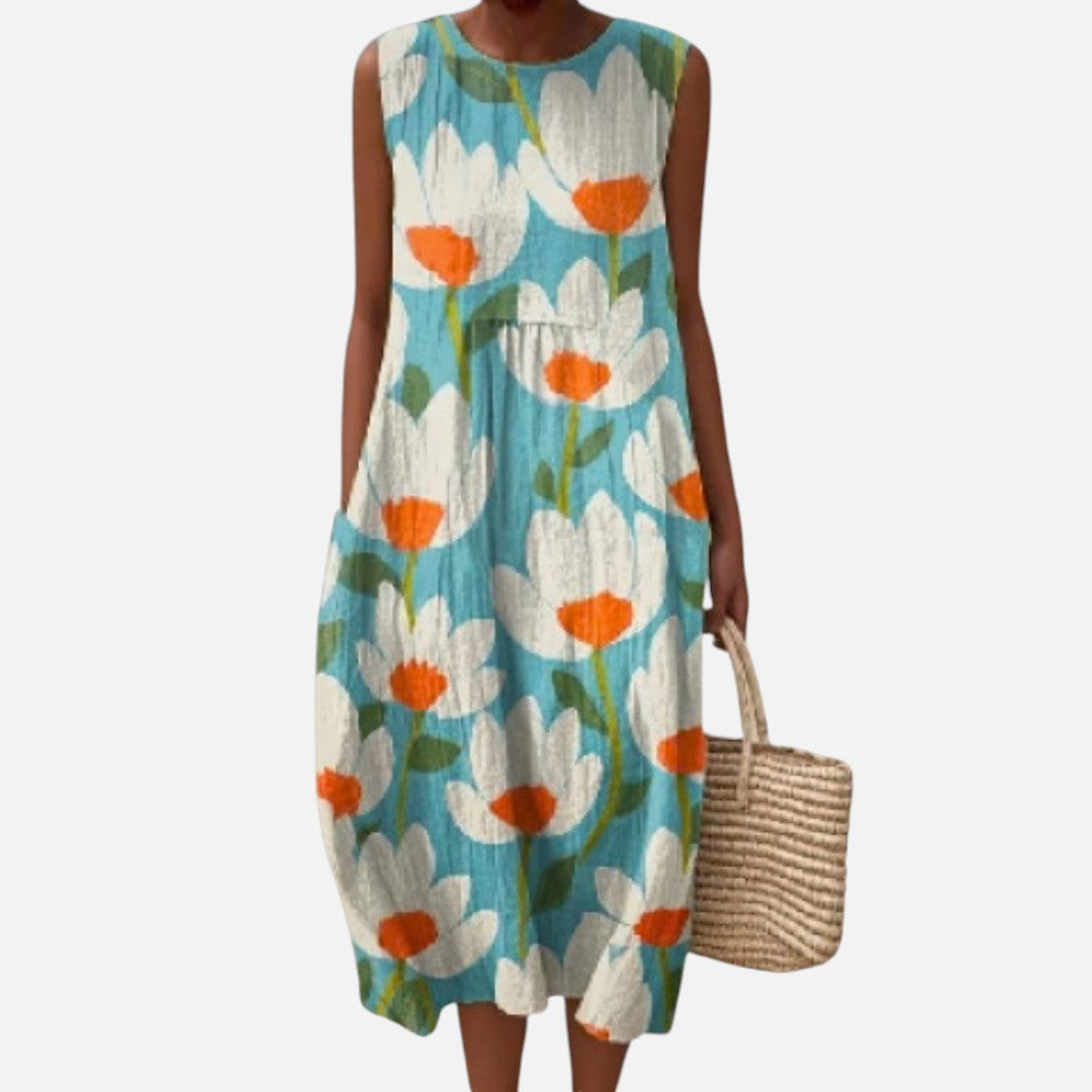Ingeborg | Ärmelloses Sommerkleid mit Mohn auf Türkis