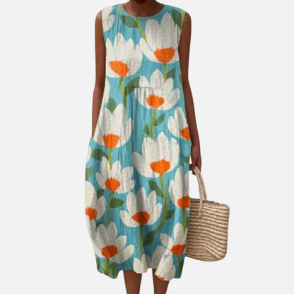Ingeborg | Ärmelloses Sommerkleid mit Mohn auf Türkis