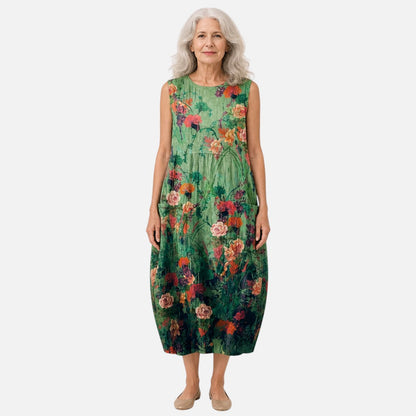 Magdalena | Ärmelloses Sommerkleid mit Rosen auf Dunkelgrün