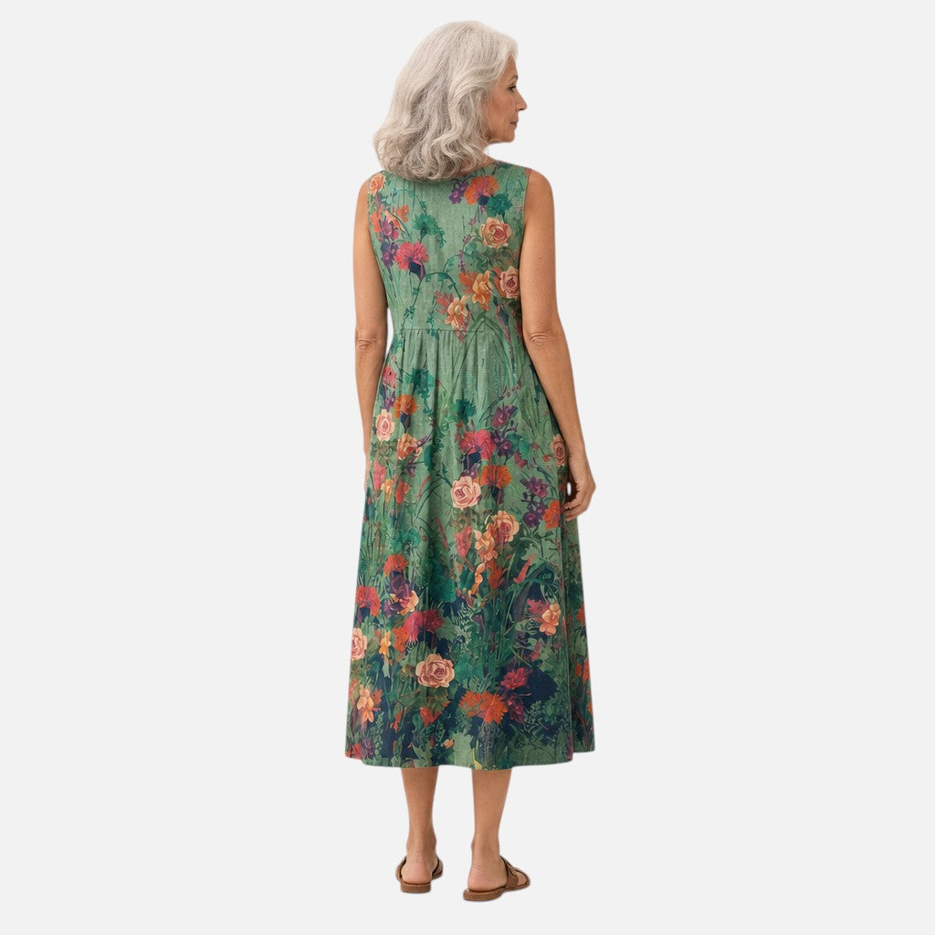 Magdalena | Ärmelloses Sommerkleid mit Rosen auf Dunkelgrün