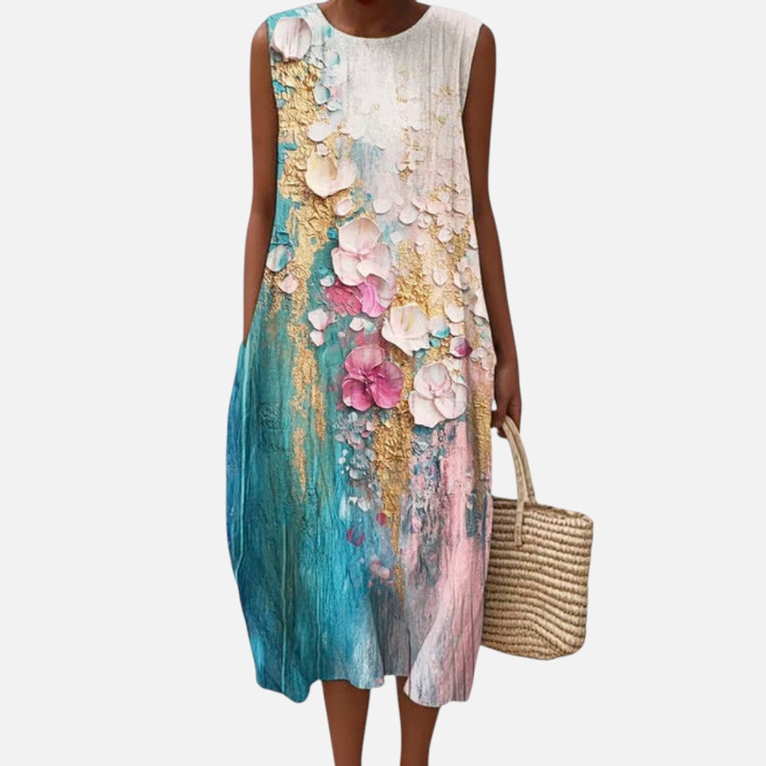 Berta | Ärmelloses Sommerkleid mit Blütenmalerei