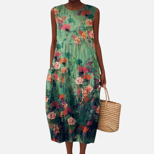 Magdalena | Ärmelloses Sommerkleid mit Rosen auf Dunkelgrün