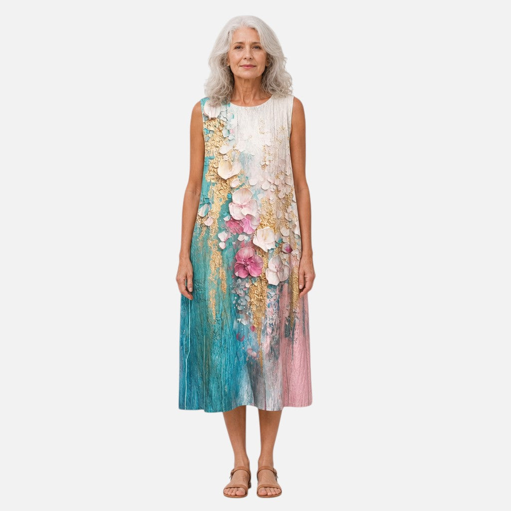Berta | Ärmelloses Sommerkleid mit Blütenmalerei