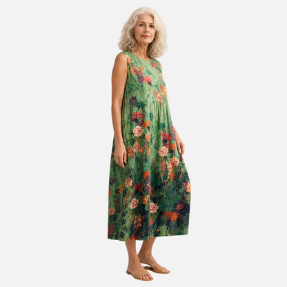 Magdalena | Ärmelloses Sommerkleid mit Rosen auf Dunkelgrün