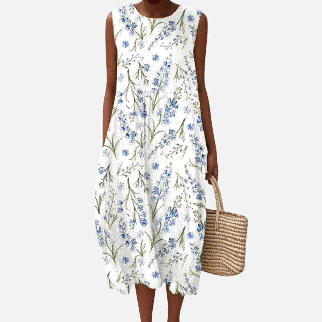 Erna | Ärmelloses Sommerkleid mit blauen Wiesenblumen