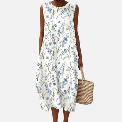 Erna | Ärmelloses Sommerkleid mit blauen Wiesenblumen