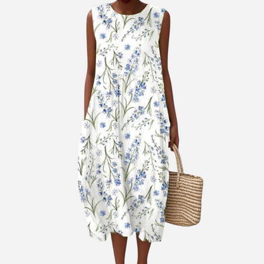 Erna | Ärmelloses Sommerkleid mit blauen Wiesenblumen