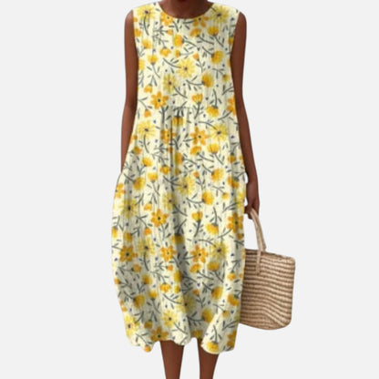 Wiltrud | Ärmelloses Sommerkleid mit gelben Blüten