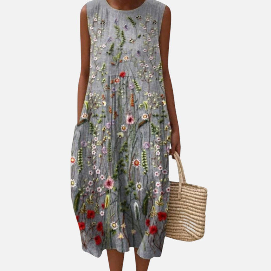 Hannelore | Ärmelloses Sommerkleid mit Blumenstickerei-Optik