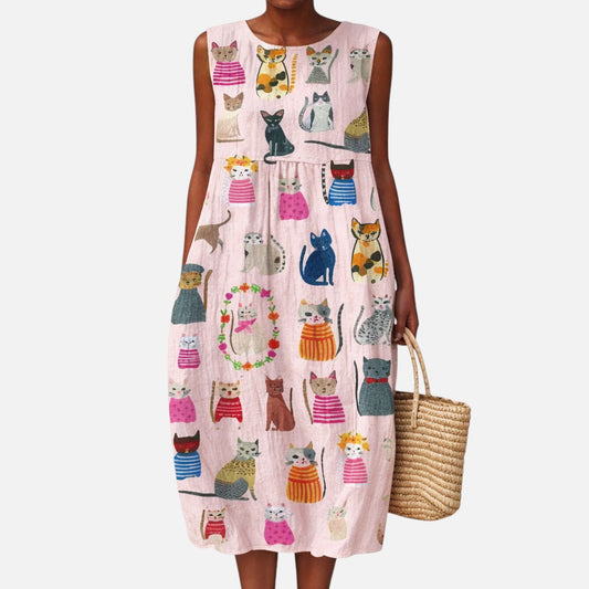 Marita | Ärmelloses Sommerkleid mit Katzenmotiv