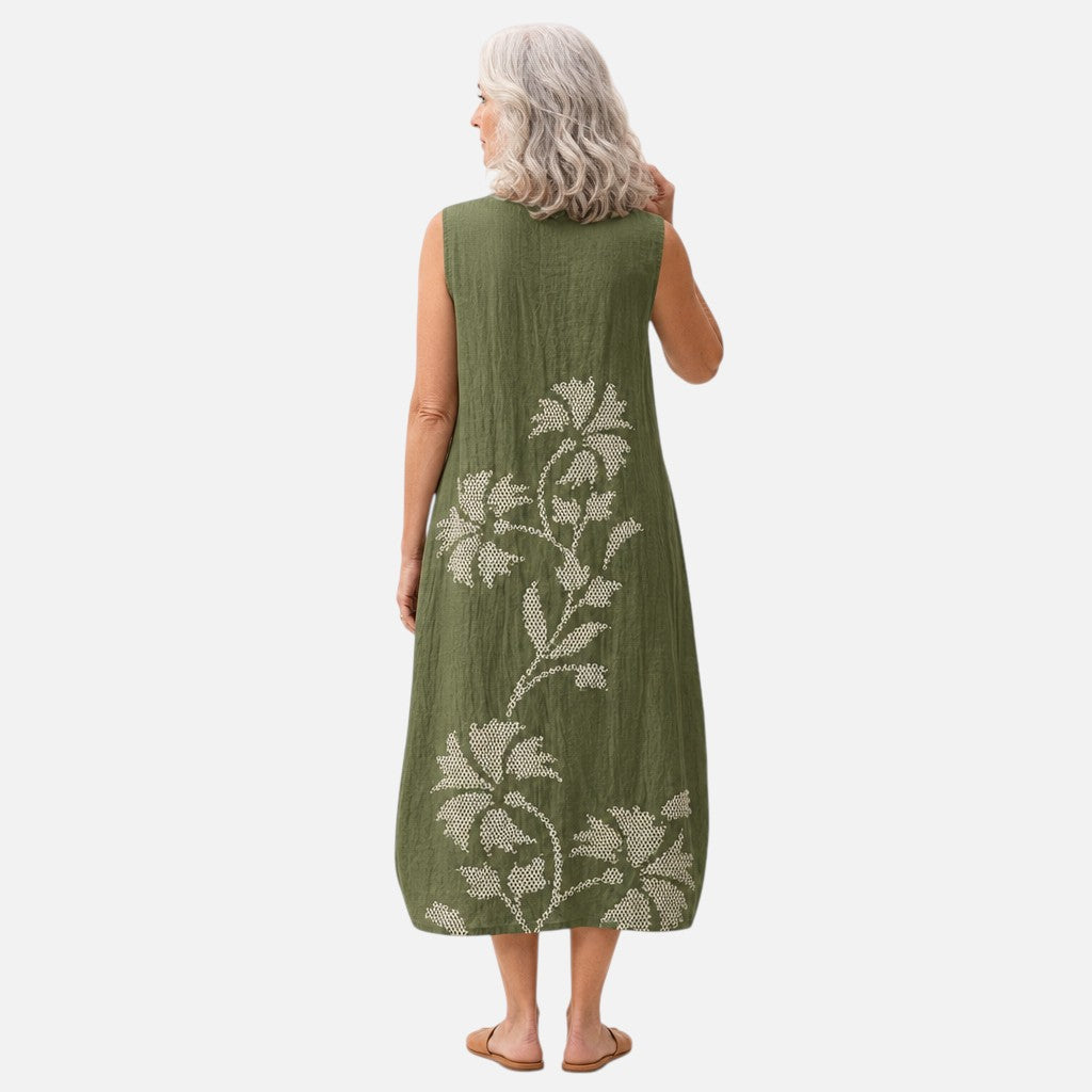 Ellen | Ärmelloses Sommerkleid in Oliv mit Blattranken