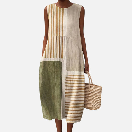 Paula | Ärmelloses Sommerkleid mit Streifen in Oliv und Beige