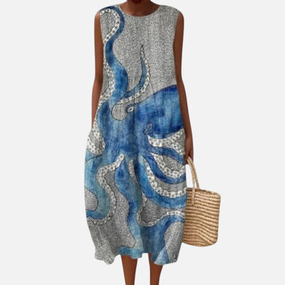 Käthe | Ärmelloses Sommerkleid mit Tintenfisch auf Grau