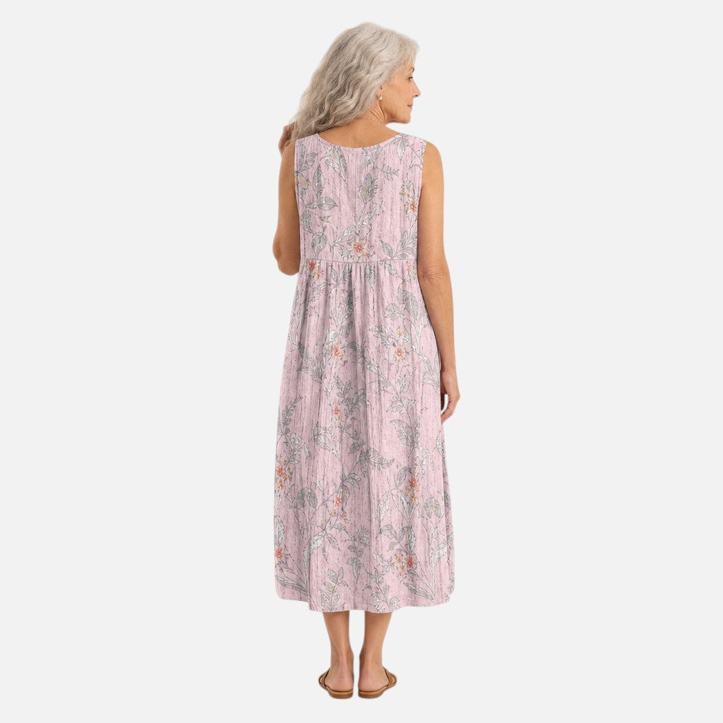 Ursel | Ärmelloses Sommerkleid mit Blüten auf Rosa