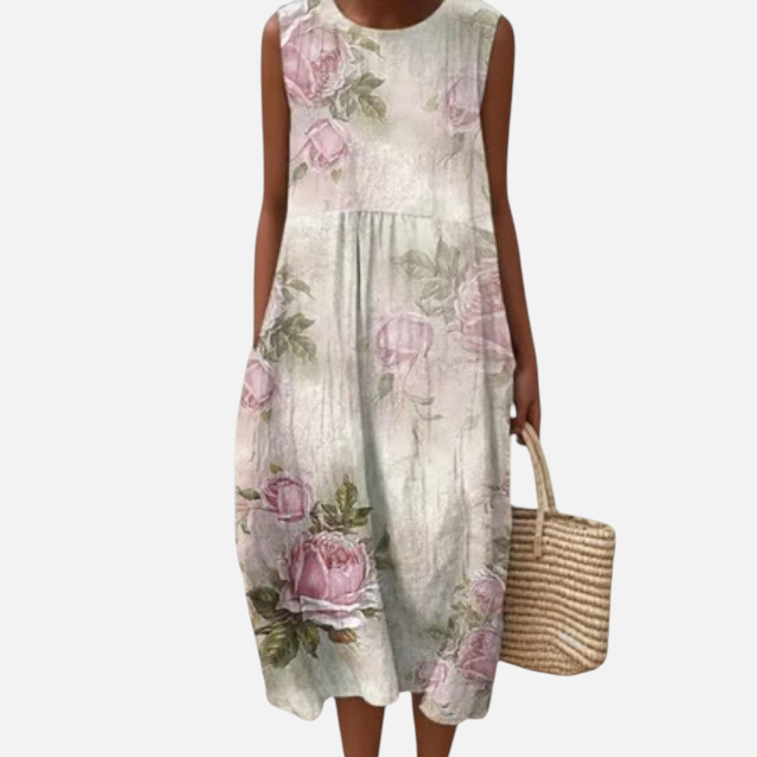 Traude | Ärmelloses Sommerkleid mit Rosen auf Creme