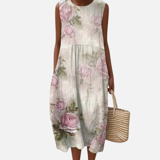 Traude | Ärmelloses Sommerkleid mit Rosen auf Creme