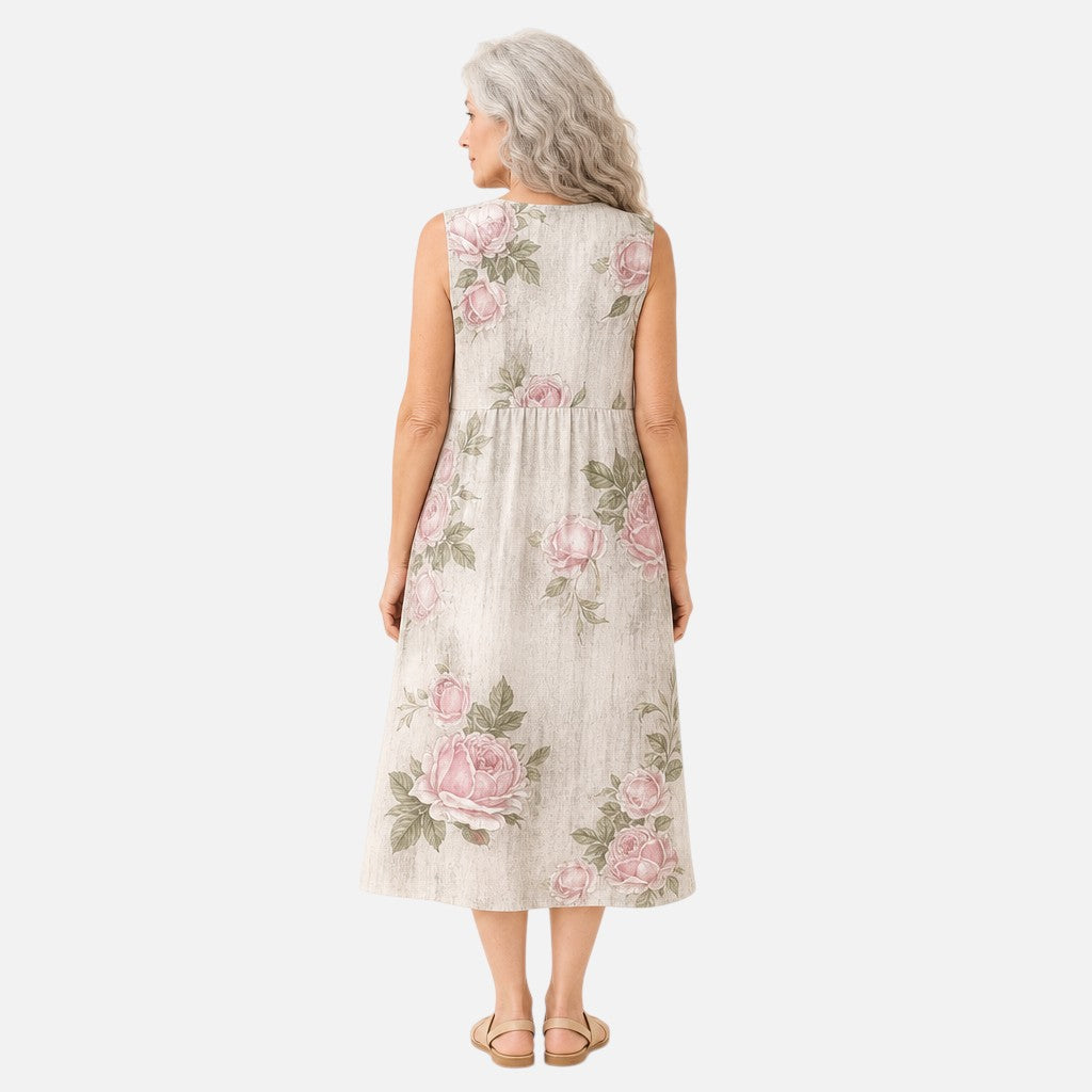 Traude | Ärmelloses Sommerkleid mit Rosen auf Creme