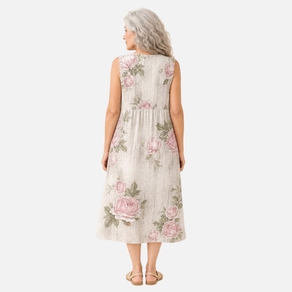 Traude | Ärmelloses Sommerkleid mit Rosen auf Creme