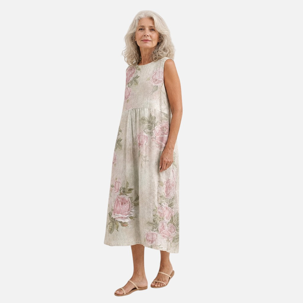 Traude | Ärmelloses Sommerkleid mit Rosen auf Creme