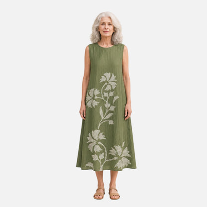 Ellen | Ärmelloses Sommerkleid in Oliv mit Blattranken