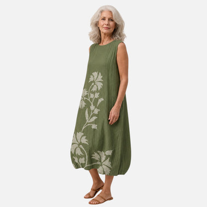 Ellen | Ärmelloses Sommerkleid in Oliv mit Blattranken