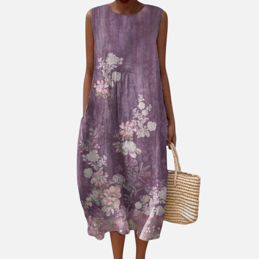 Tanja | Ärmelloses Sommerkleid mit Blüten auf Violett