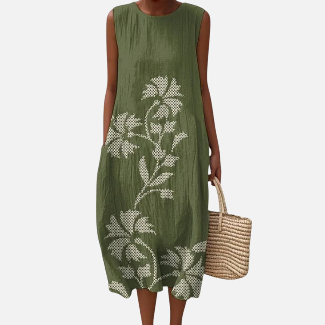 Ellen | Ärmelloses Sommerkleid in Oliv mit Blattranken
